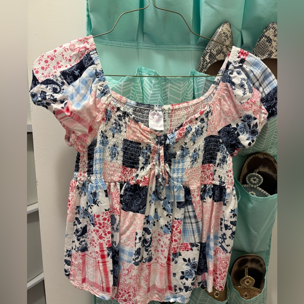 No Boundaries Juniors Smocked Tie Front Top